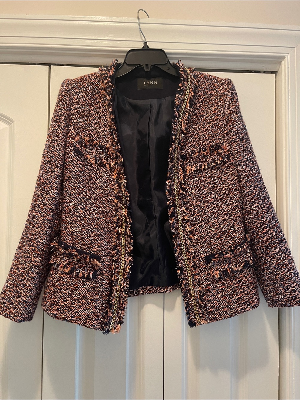 Fringed Tweed Open-Front Blazer Jacket - Pink & Black